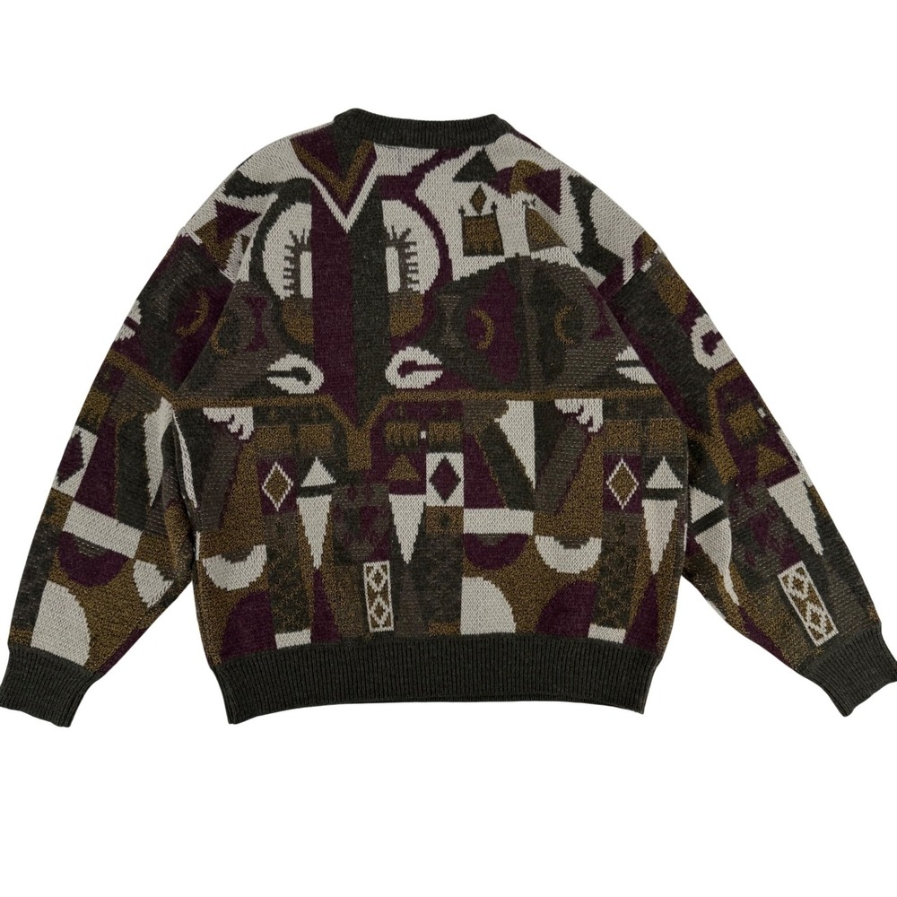 JT Beckett Vintage Mens XLT Abstract Geometric Knit Crewneck Sweater Olive Green - Picture 8 of 10
